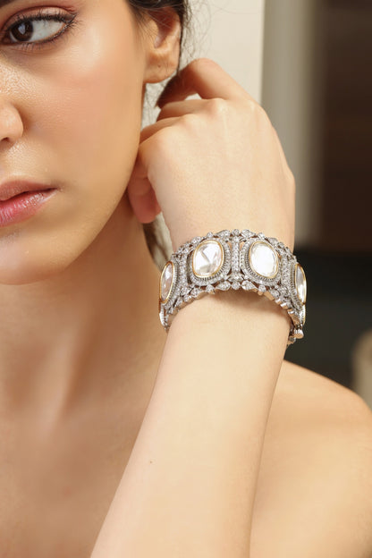 Gold Finish Silver Stone & Kundan Polki Bangle