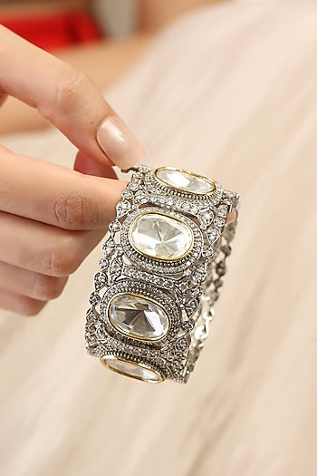 Gold Finish Silver Stone & Kundan Polki Bangle