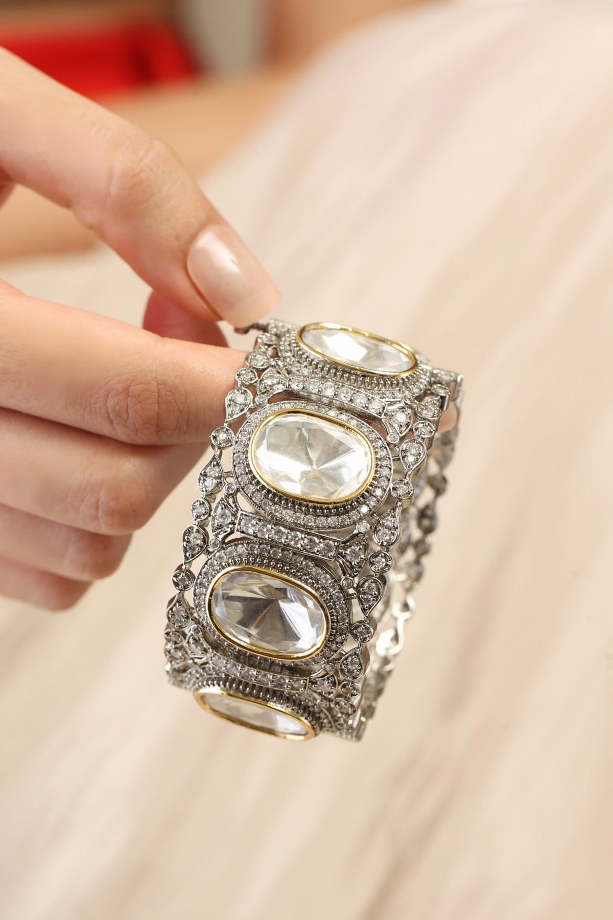 Gold Finish Silver Stone & Kundan Polki Bangle
