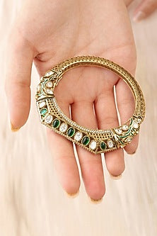 Gold Finish Kundan Polki & Emerald Green Stone Kada
