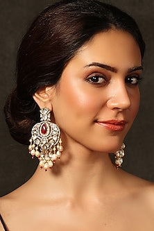Gold Finish Red Stone & Beaded Chandbali Earrings