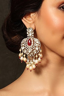 Gold Finish Red Stone & Beaded Chandbali Earrings