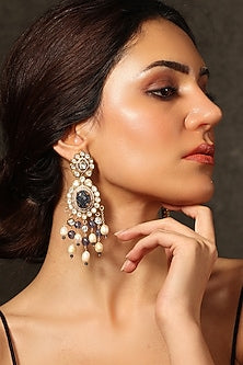 Gold Finish Kundan Polki & Blue Stone Dangler Earrings