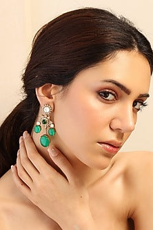 Gold Finish Green Stone Dangler Earrings