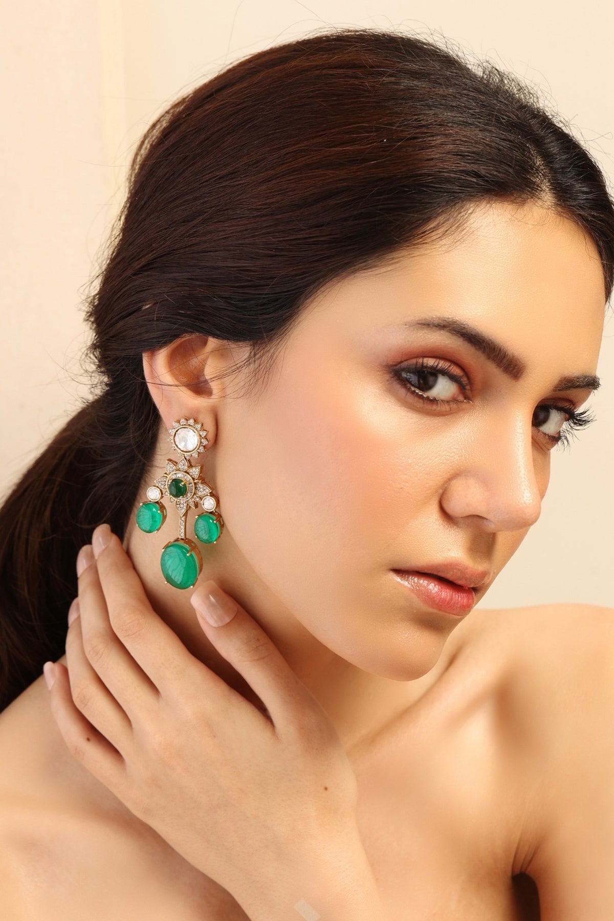 Gold Finish Green Stone Dangler Earrings