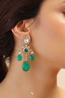 Gold Finish Green Stone Dangler Earrings