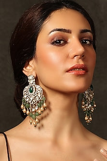 Gold Finish Kundan Polki & Green Stone Chandbali Earrings
