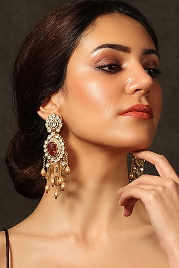 Gold Finish Kundan Polki & Red Stone Dangler Earrings