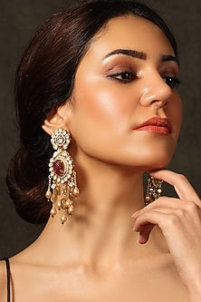 Gold Finish Kundan Polki & Red Stone Dangler Earrings