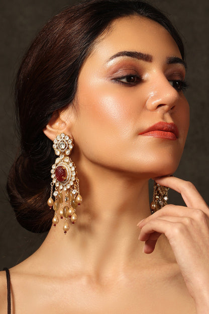 Gold Finish Kundan Polki & Red Stone Dangler Earrings