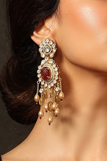 Gold Finish Kundan Polki & Red Stone Dangler Earrings
