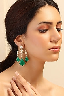 Gold Finish Green Stone Dangler Earrings