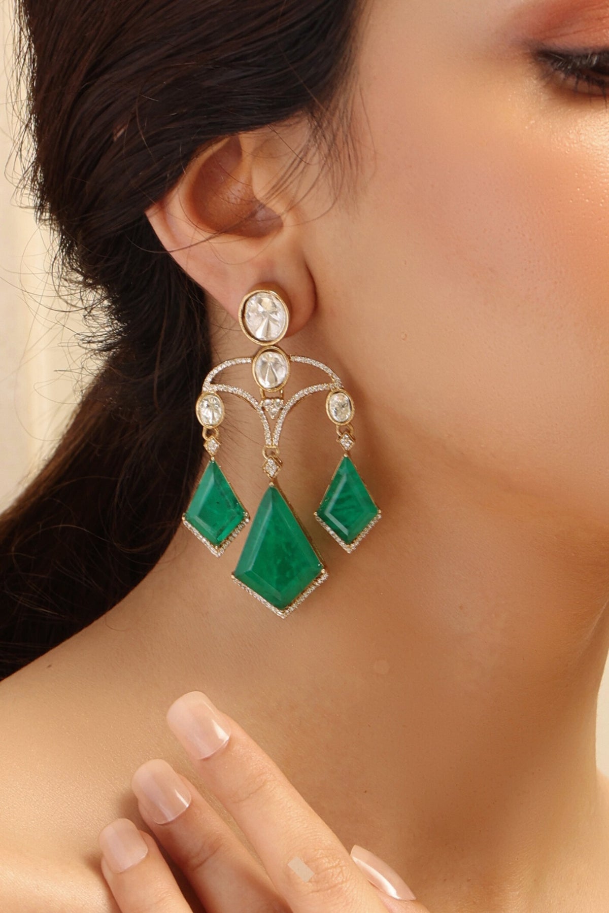 Gold Finish Green Stone Dangler Earrings