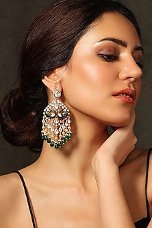 Gold Finish Kundan Polki & Green Stone Chandbali Earrings