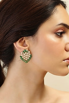Gold Finish Muted Green & Pristine White Gemstone Stud Earrings