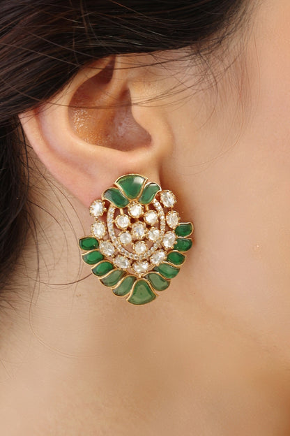 Gold Finish Muted Green & Pristine White Gemstone Stud Earrings