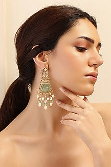 Gold Finish Green Stone Dangler Earrings