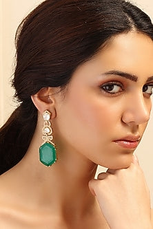 Gold Finish Green Stone Dangler Earrings