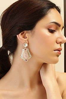 Gold Finish Kundan Polki & Pink Stone Dangler Earrings