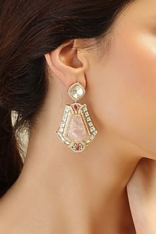 Gold Finish Kundan Polki & Pink Stone Dangler Earrings