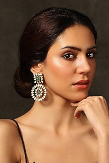 Gold Finish Mirror & Green Stone Dangler Earrings