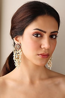 Gold Finish Red Stone Dangler Earrings