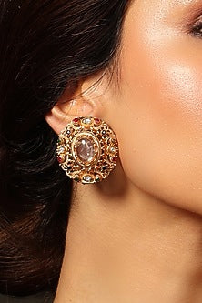Gold Finish Multi-Colored Stone Stud Earrings
