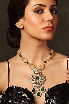 Gold Finish Kundan Polki & Beaded Pendant Necklace