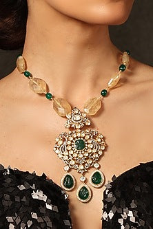 Gold Finish Kundan Polki & Beaded Pendant Necklace