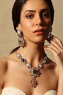 Gold Finish Multi-Colored Stone Necklace Set