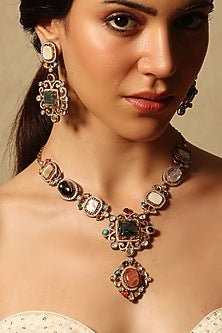 Gold Finish Multi-Colored Stone Necklace Set