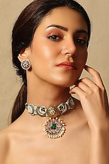 Gold Finish Multi-Colored Stone Choker Necklace Set