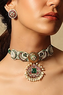 Gold Finish Multi-Colored Stone Choker Necklace Set