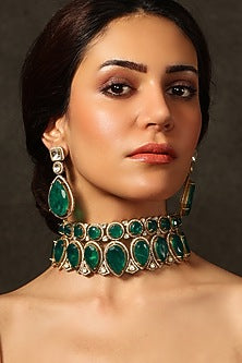 Gold Finish Green Gemstone Choker Necklace Set