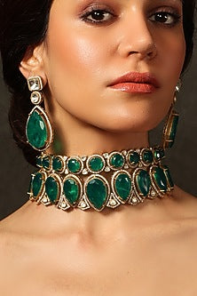 Gold Finish Green Gemstone Choker Necklace Set
