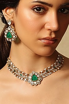 Gold Finish Emerald Stone Necklace Set