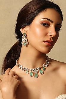 Gold Finish Green Teardrop Stone Necklace Set