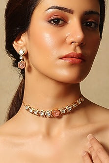 Gold Finish Pink & White Stone Necklace Set