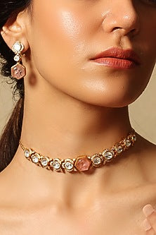Gold Finish Pink & White Stone Necklace Set
