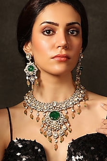 Gold Finish Green Stone Necklace Set