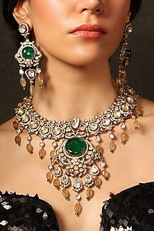 Gold Finish Green Stone Necklace Set