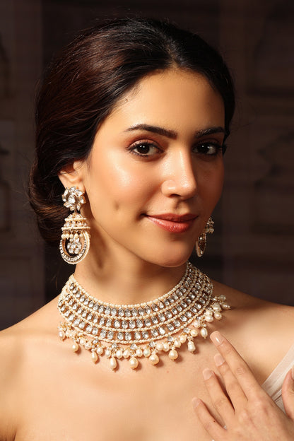 Gold Finish Pearl & Gemstone Necklace Set