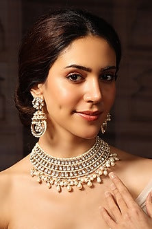 Gold Finish Pearl & Gemstone Necklace Set