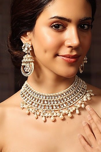 Gold Finish Pearl & Gemstone Necklace Set
