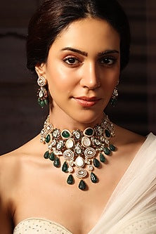 Gold Finish Green & Ruby Stone Necklace Set