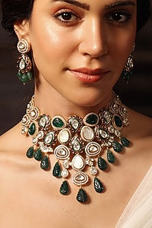 Gold Finish Green & Ruby Stone Necklace Set