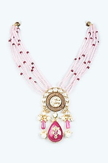 Gold Finish Pink Monalisa Beaded Necklace