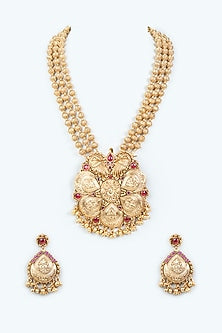 Gold Finish Long Necklace Set With Beads
