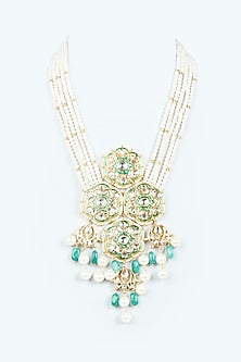 Gold Finish Green Enameled Long Necklace