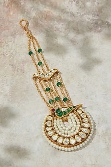 Gold Finish Kundan Polki & Hydro Emerald Maangtikka
